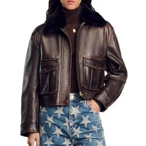 Pilote Leather Aviator Shearling Collar Jacket